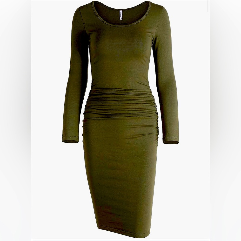 Army green midi long sleeve dress